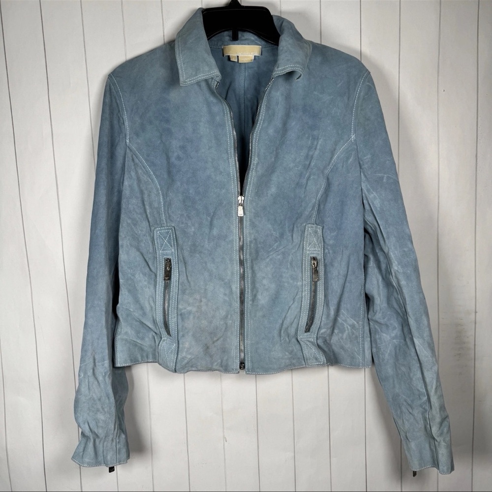 Michael Kors Italy Suede Leather‎ Light Blue Moto Jacket Chic Biker Streetwear 8